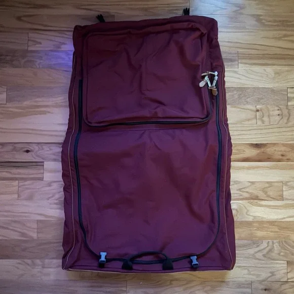 L.L. Bean Garment Bag Burgundy Tan Leather Accents Hanging Travel Bag Vintage